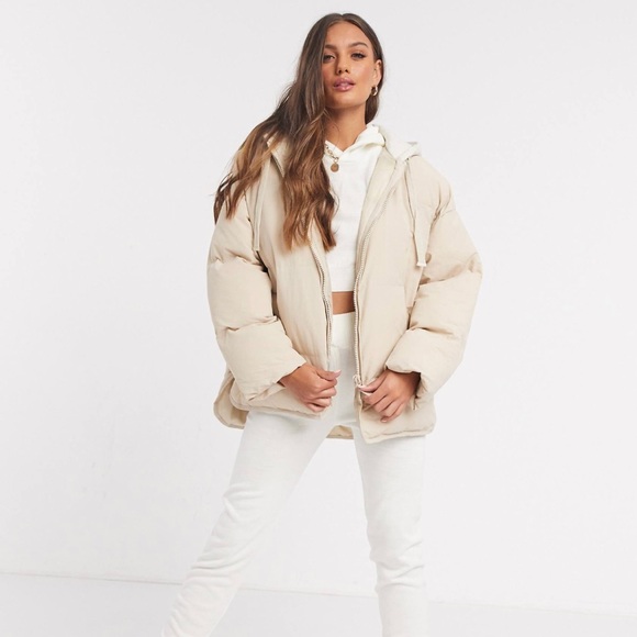 Cream ASOS Petite Oversized Jersey Hooded Puffer Jacket - Picture 8 of 10